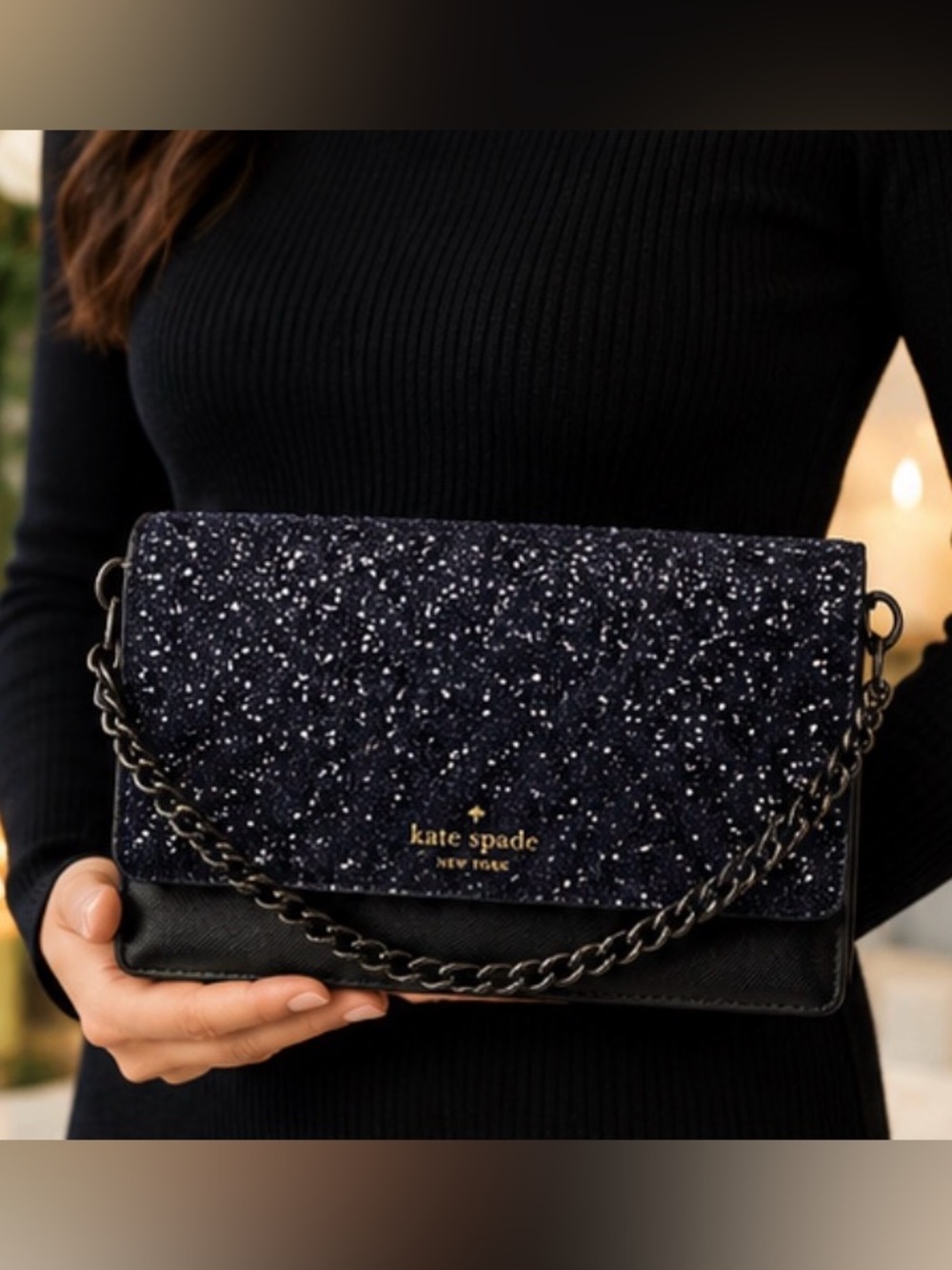 EUC Kate Spade New York Navy Glitter & Black Saffiano Clutch